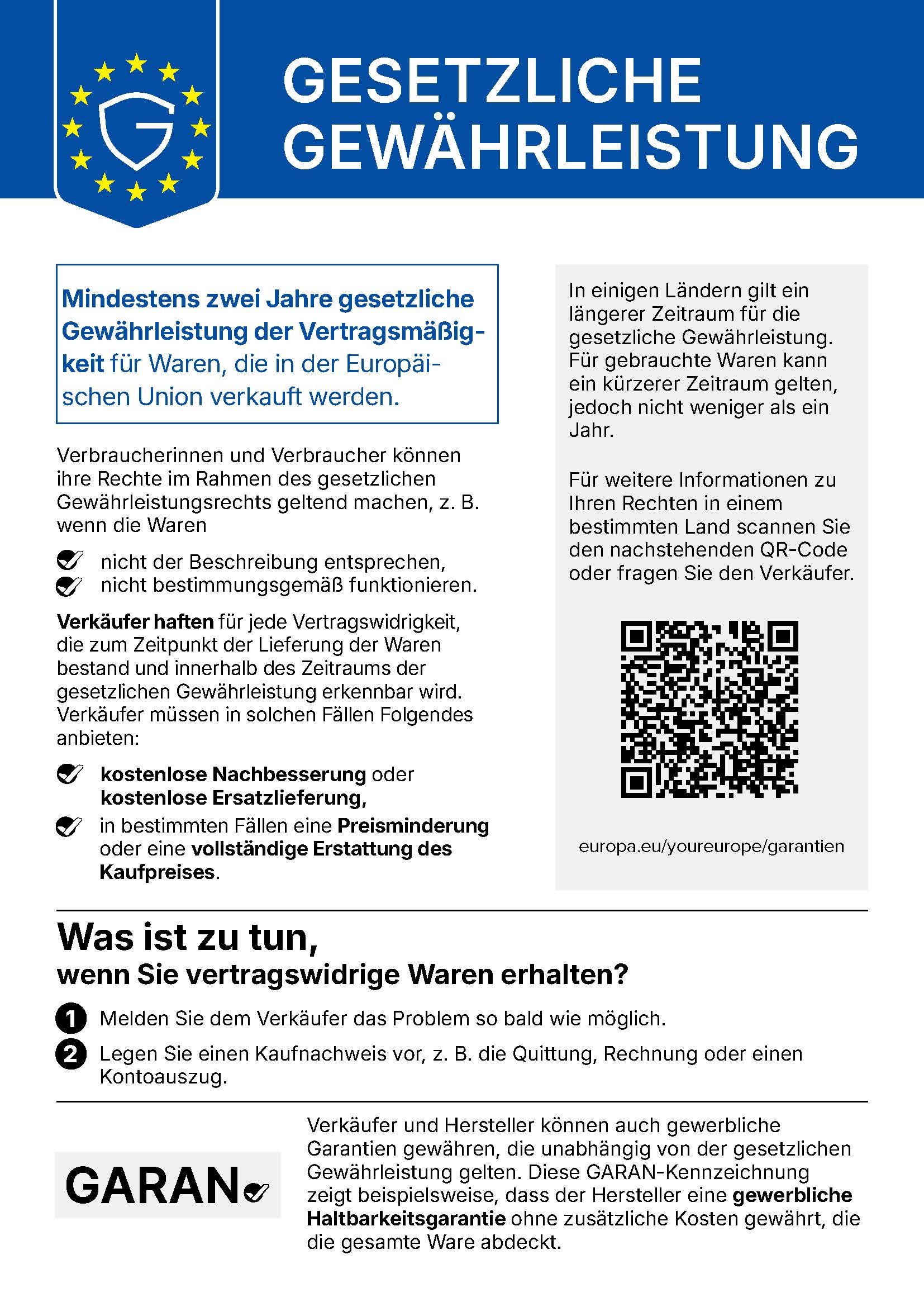 Gesetzliche Gewährleistung – Hinweis nach EU-Recht